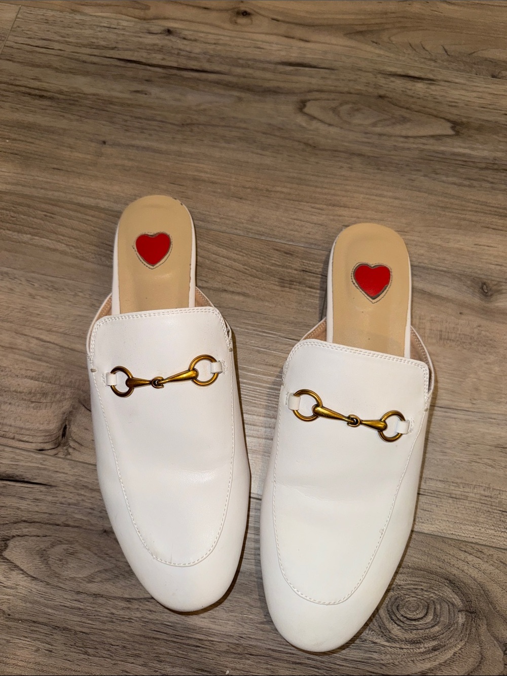 Women's White Leather Slip-On Mules with Gold Horsebit Accent